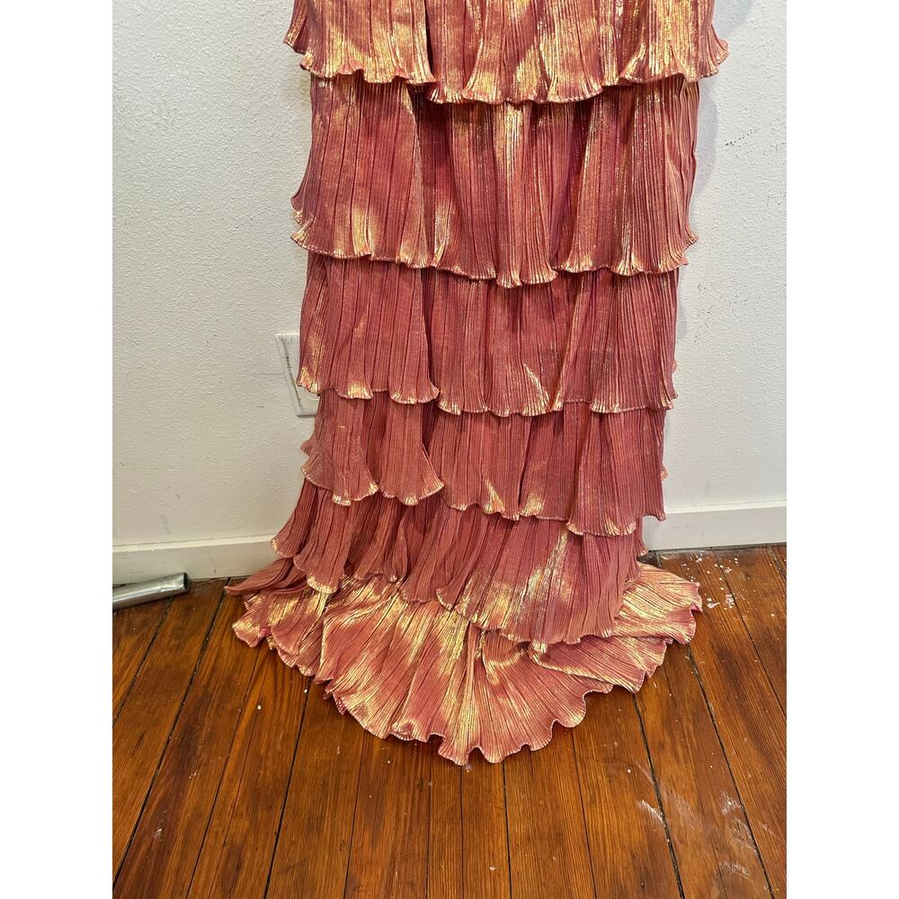 MAC DUGGAL Coral Pink Gold Ruffle Tiered Criss Cross Lace Up Back Gown Dress 2 - Picture 14 of 16